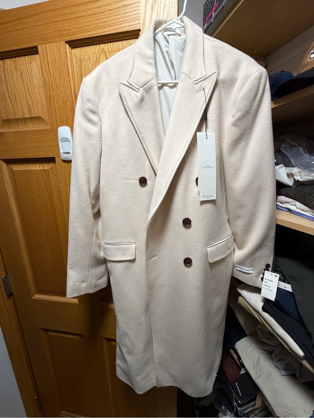Calvin Klein Cream Double-Breasted Pea Coat